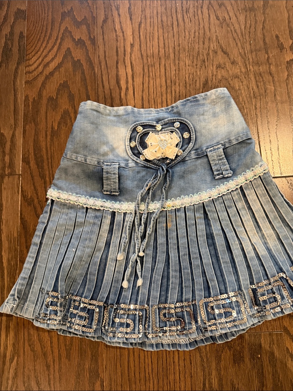 Blue Denim Pleated Mini Skirt with Heart Detail